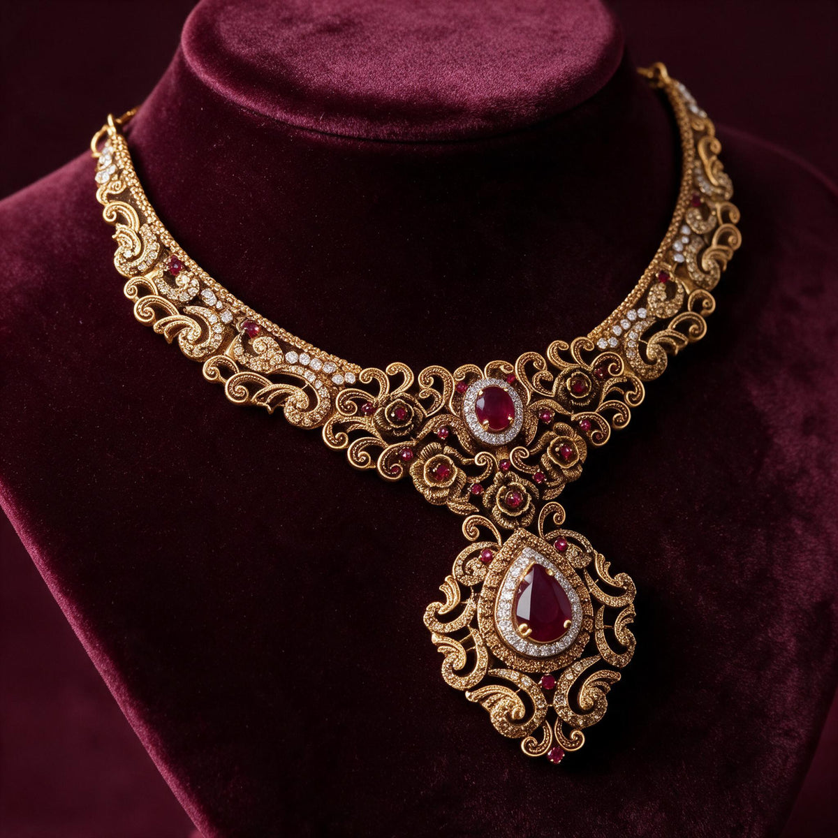 Detail of the gold-tone necklace band, red floral accents and central pendant on a burgundy display.