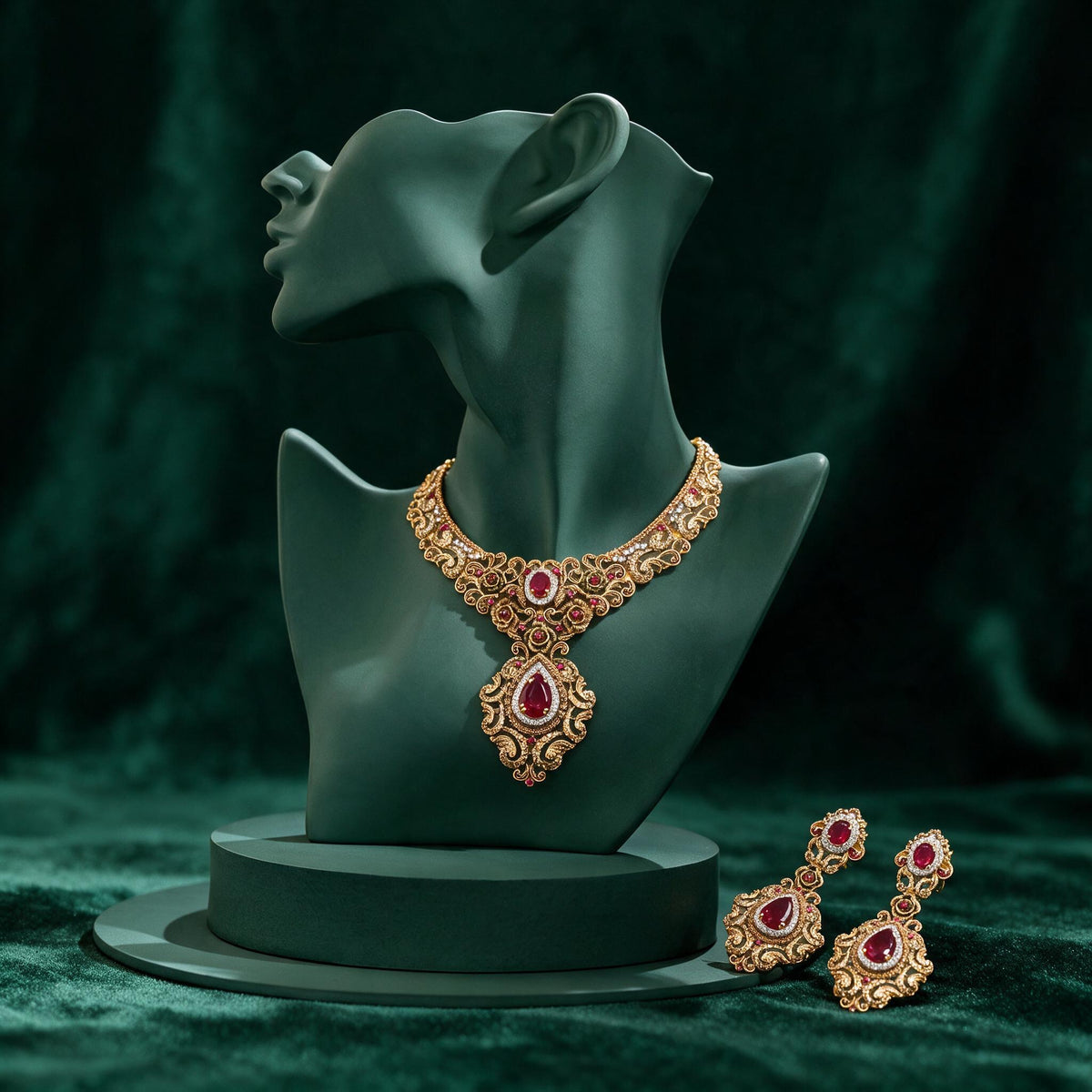 Gulnaar necklace on a green display bust with the pair of matching earrings beside it.