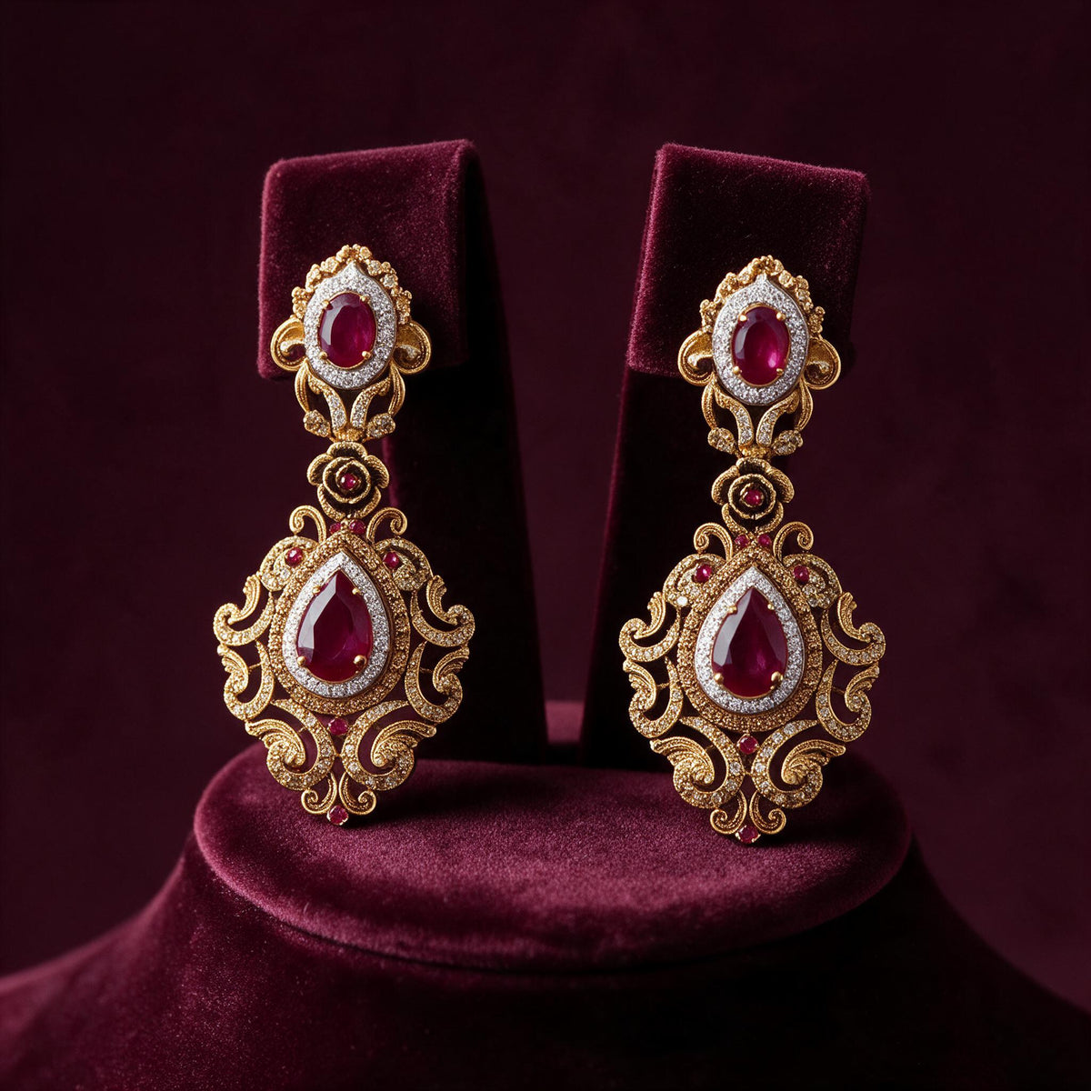 Matching drop earrings with oval red accents, floral links and red teardrop centres framed by gold-tone scrollwork.