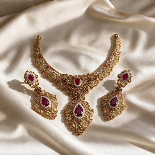Gulnaar red and gold-tone necklace with two matching drop earrings arranged on ivory fabric.