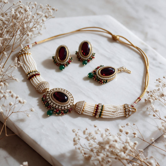 Burgundy and ivory-bead choker with matching earrings and maang tikka on marble.