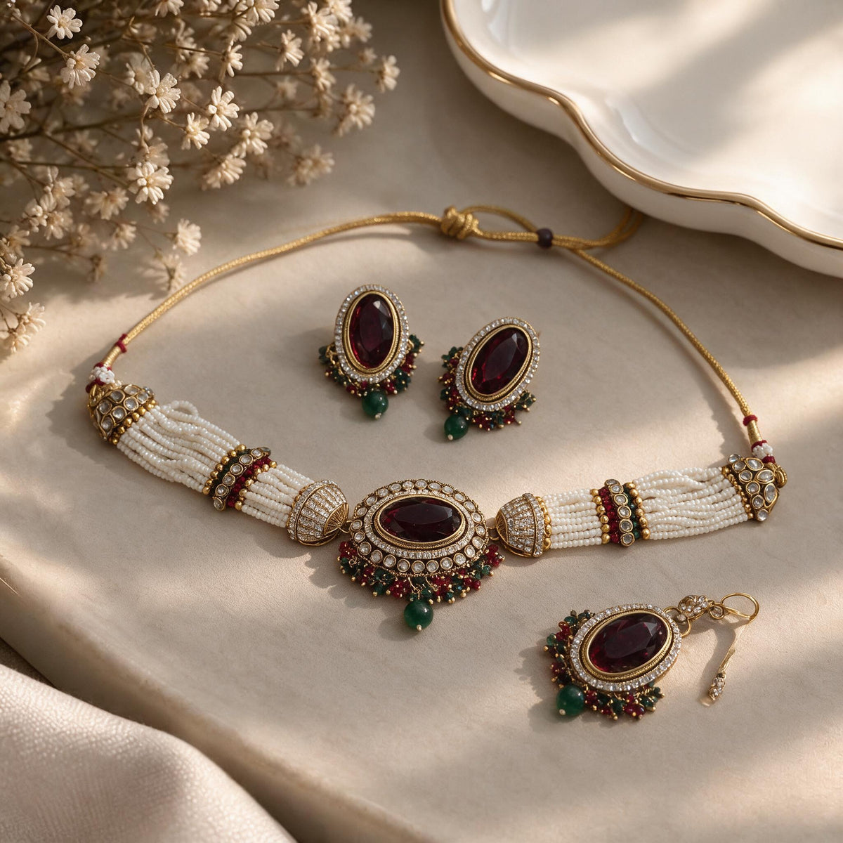 Full gold-tone choker set showing green drops and ivory bead strands.