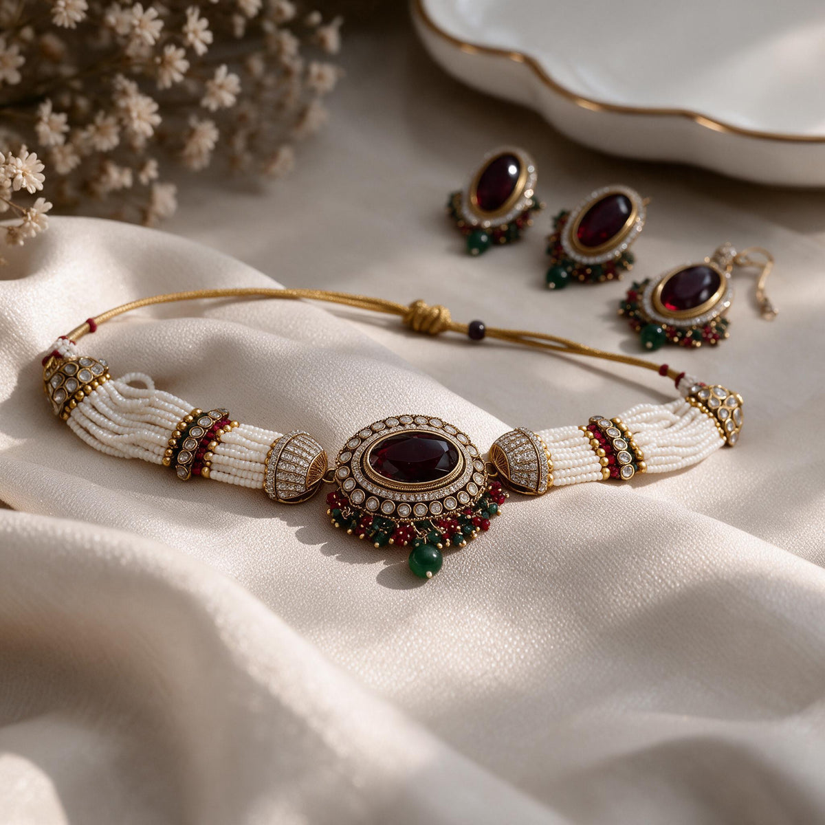 Close view of the oval burgundy necklace centre and bead fringe.