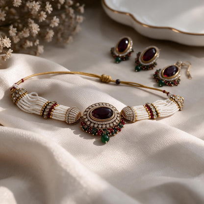 Close view of the oval burgundy necklace centre and bead fringe.