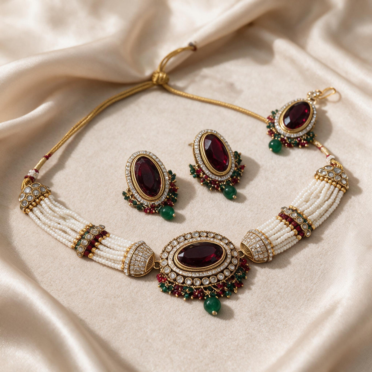 Angled view of the choker, earrings, maang tikka and cord fastening.