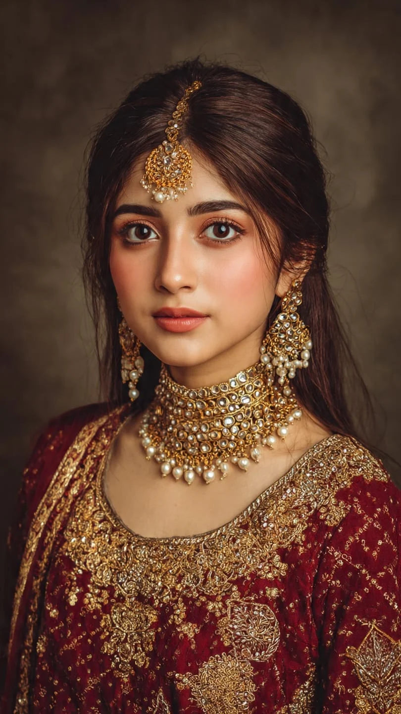 Model wearing an ornate necklace, earrings and forehead jewellery with a burgundy occasion outfit